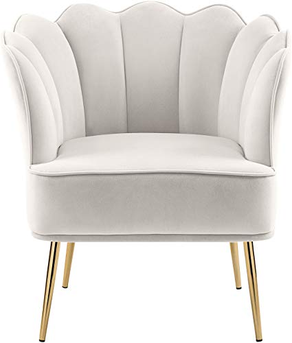 Meridian Furniture Jester Collection Modern | Contemporary Velvet Upholstered Accent Chair with Deep Channel Tufted Back and Sturdy Gold Iron Legs, 29" W x 29" D x 29.5" H, Cream