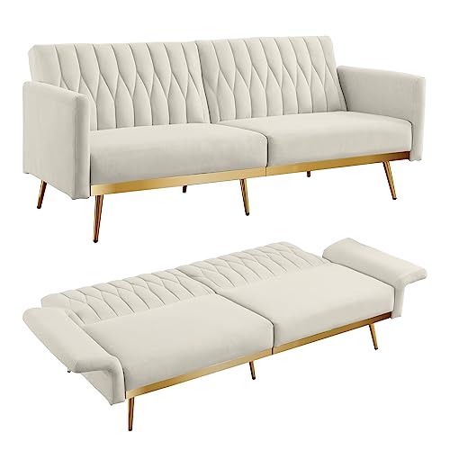 TTGIEET Futon Sofa Bed, Convertible Futon Sofa with Adjustable Armrest and Golden Metal Legs, Mid Century Modern Tufted Loveseat Couch Sleeper for Living Room, Bedroom, 70 Inch Width (Sofa, Cream)