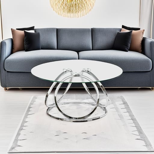 O&K FURNITURE Silver Coffee Table, Modern Glass Coffee Table Living Room Table with Ring-Shaped Frames, Glass Coffee Table for Home&Office, Chrome Finish, 1 PC