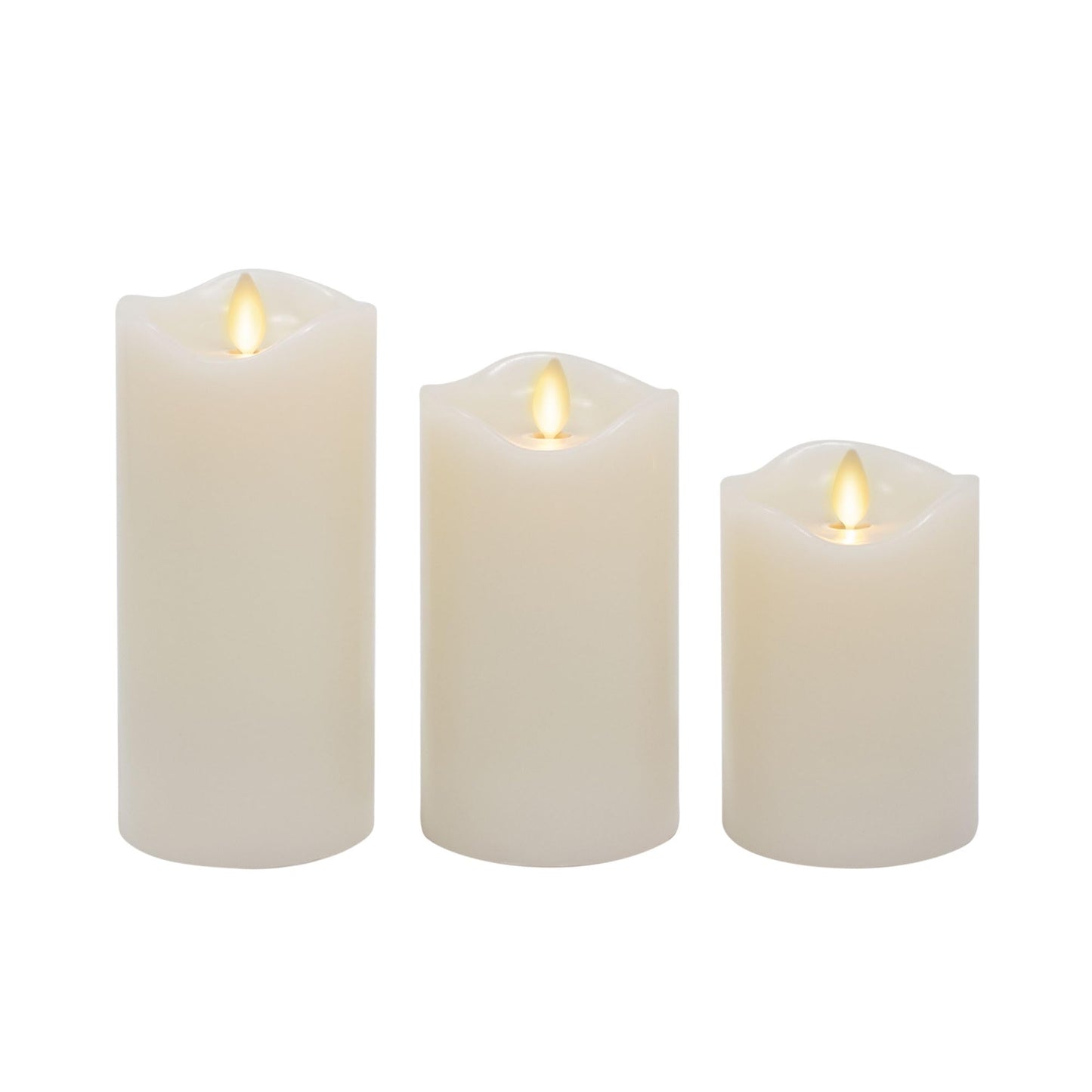 Matchless Candle Co. by Luminara Set of 3 (3" x 4.5",5.5",6.5") Flameless LED Flickering Battery Candle Moving Flame Pillar, Melted Edge, Real Wax Smooth Finish (Unscented)