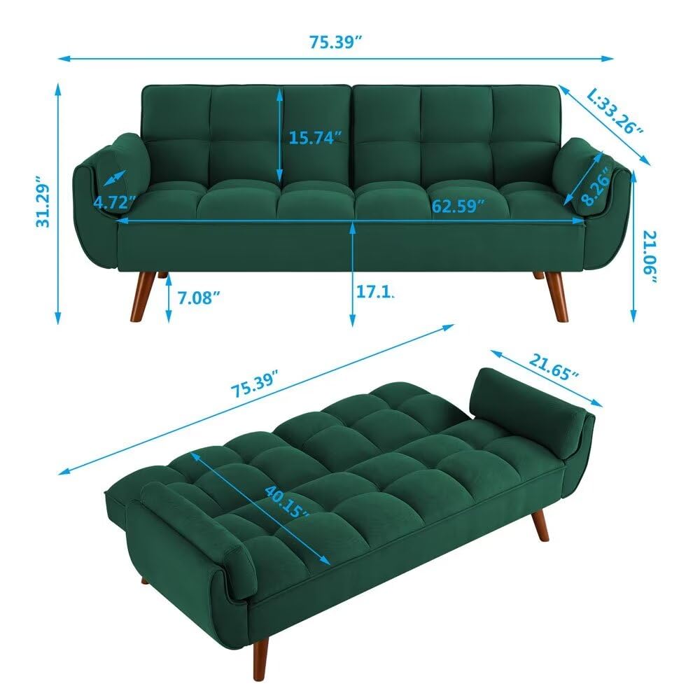 XGWIHLO Convertible Sofa Bed Folding Loveseat Couch, Modern Futon Recliner Sleeper with Adjustable Backrest, Green