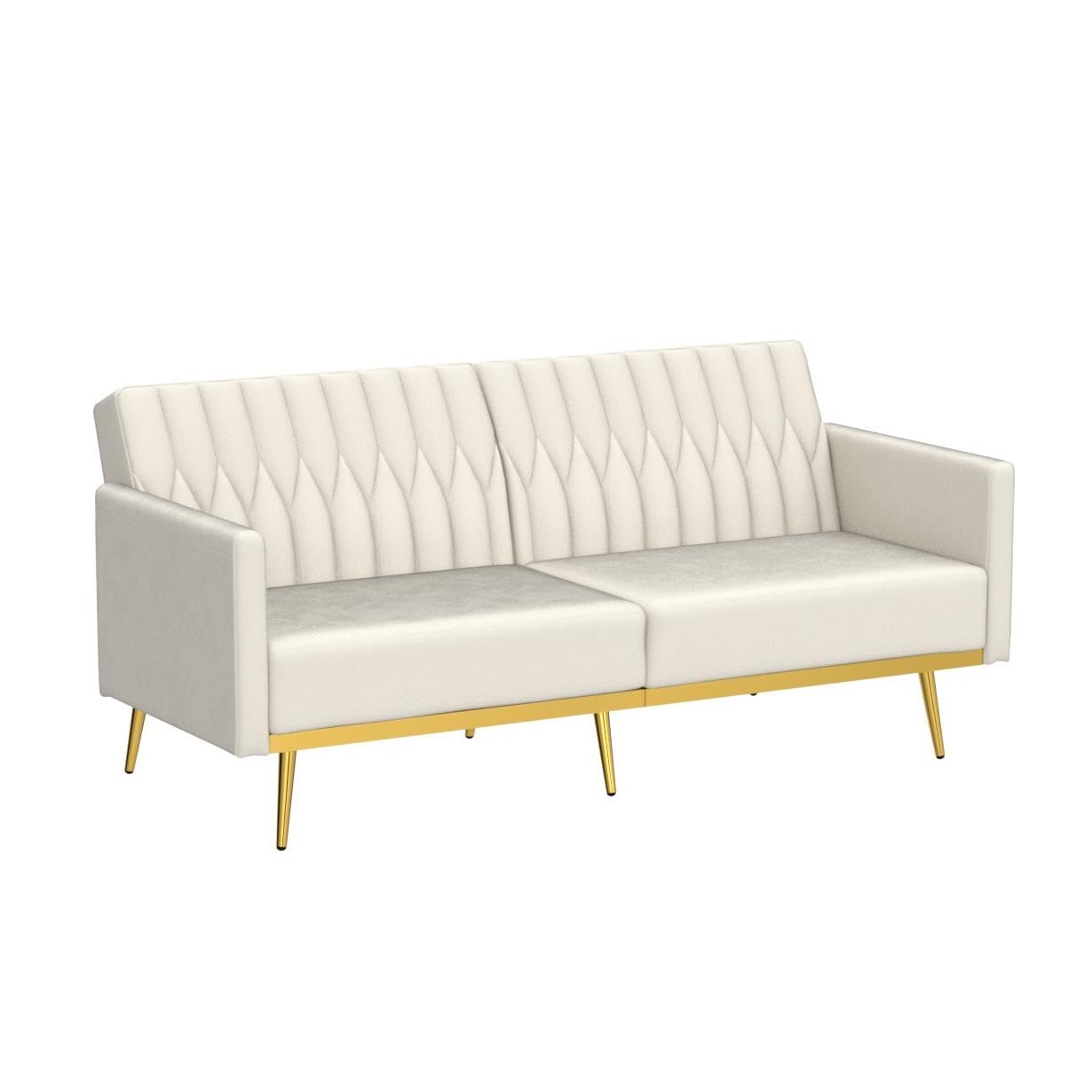 TTGIEET Futon Sofa Bed, Convertible Futon Sofa with Adjustable Armrest and Golden Metal Legs, Mid Century Modern Tufted Loveseat Couch Sleeper for Living Room, Bedroom, 70 Inch Width (Sofa, Cream)