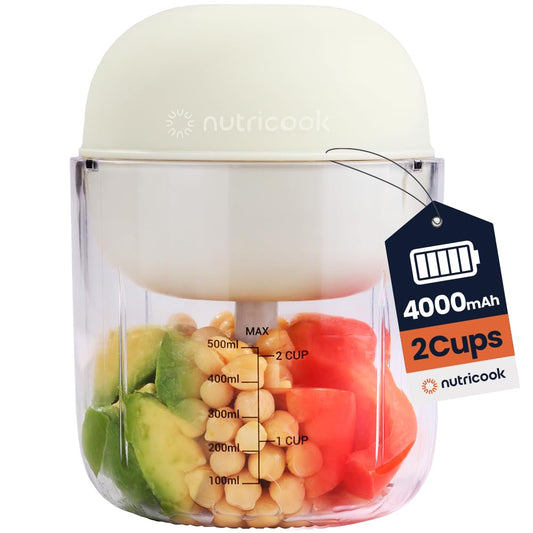 Nutricook Choppi Cordless Electric Vegetable Chopper & Mini Food Processor for Dicing, Shredding, Mincing, and Puree, Portable and Rechargeable, 2-Cup, 500 mL, 4000 mAh Battery, Desert Sand