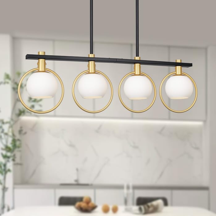 Kveosv Gold Black Chandelier Modern Dining Room Light Fixture 4-Light Kitchen Island Lighting Hanging for Farmhouse Linear Chandeliers Mid Century Chandelier with Milk Glass Globe Shade