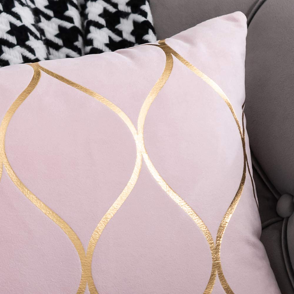 DEZENE Gold Velvet Throw Pillow Covers: 2 Pack 18x18 Inch Square Decorative Pillow Cases for Bedroom Sofa Couch Living Room, Pink