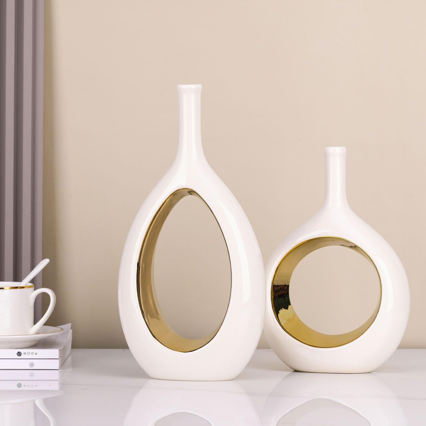 White and Gold Vase Ceramic White Vases Home Decor,Modern Minimalist Circle with Hole Decorative Vase, Hollow Ellipse Flower vases for Bookshelf, Fireplace Mantle, Centerpieces,Farmhouse,Rustic Décor