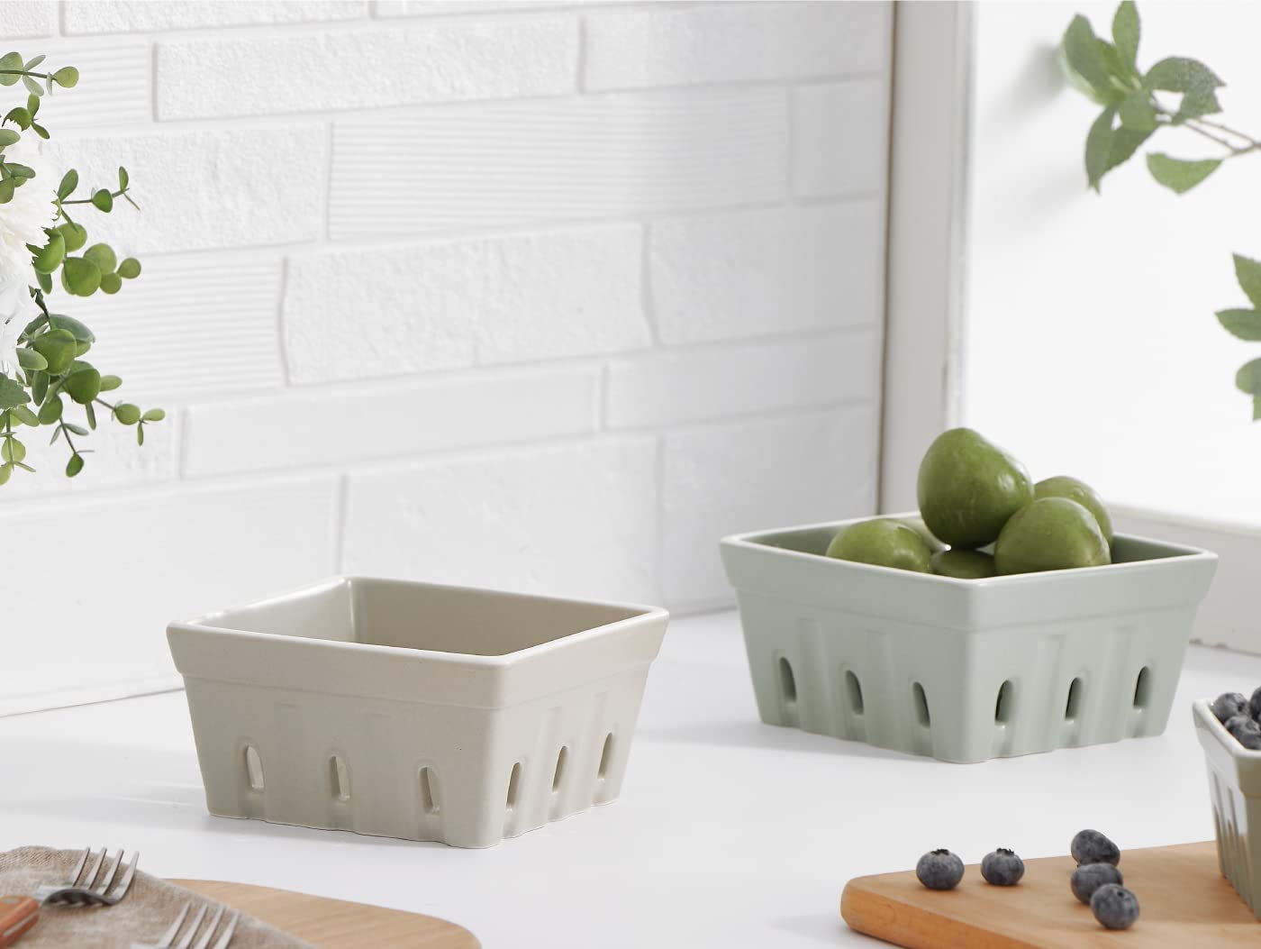 ONEMORE Ceramic Berry Basket, Square Fruit Bowls, Rustic Stoneware Berry Colander Set of 2, 5.7 inch, Gray & Light Green