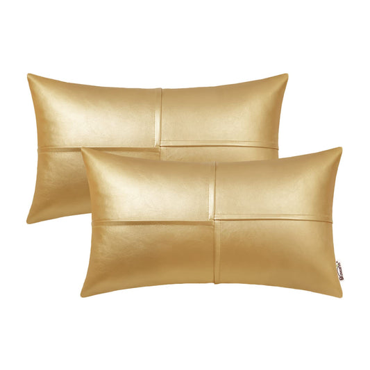 BRAWARM Faux Leather Throw Pillow Covers 12 X 20 Inches, Gold Leather Lumbar Pillow Covers Pack of 2, Hand Stitched Leather Decorative Throw Pillows for Couch Sofa Bed Living Room Home Garden