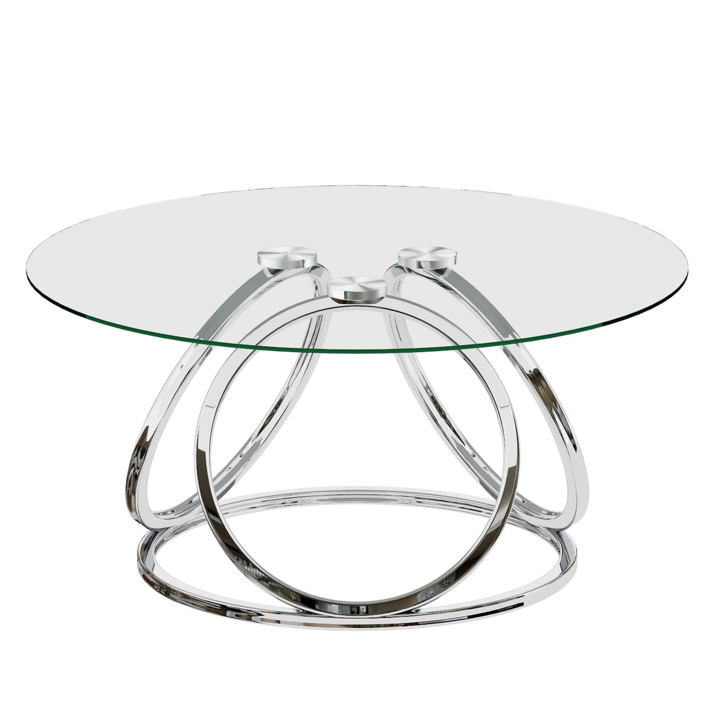 O&K FURNITURE Silver Coffee Table, Modern Glass Coffee Table Living Room Table with Ring-Shaped Frames, Glass Coffee Table for Home&Office, Chrome Finish, 1 PC