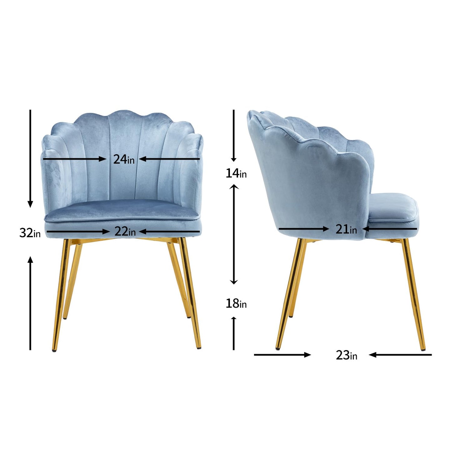 ZOBIDO Modern Velvet Chairs Comfy Upholstered Vanity Chairs for Bedroom Armchair Dining Chairs with Golden Metal Legs Petal Shape Back Desk Chair, for Women, for Girls (Glacier Blue)