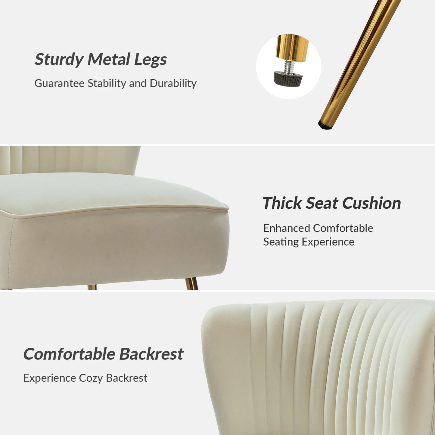 HULALA HOME Velvet Accent Chair Set of 2, Modern Armless Upholstered Side Chair with Glam Gold Metal Legs for Vanity Living Room Bedroom - Ivory