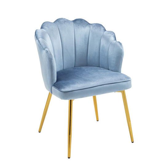 ZOBIDO Modern Velvet Chairs Comfy Upholstered Vanity Chairs for Bedroom Armchair Dining Chairs with Golden Metal Legs Petal Shape Back Desk Chair, for Women, for Girls (Glacier Blue)