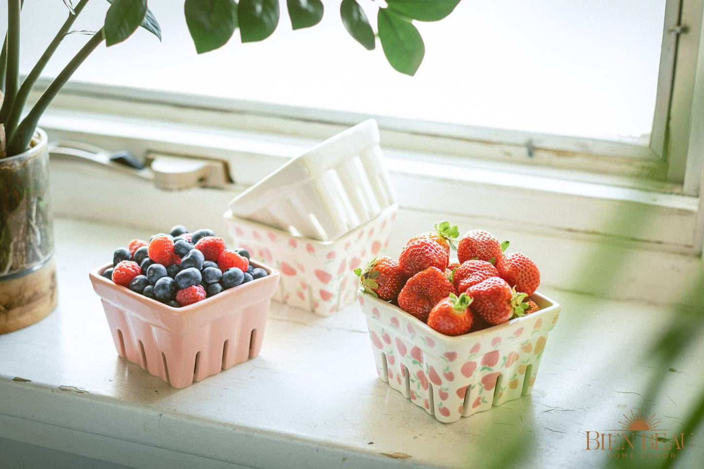 Farmhouse Ceramic Berry Basket, Colander, Strawberry Decor, Fruit Bowls/Baskets, Kawaii Kitchen bowl, Pink White and Cute Strawberry pattern Stoneware Harvest Square Bowls Set of 4