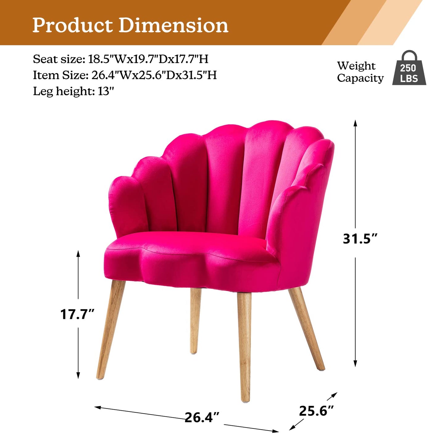 Accent Velvet Upholstered Living Room Chairs with Cute Scalloped Back & Golden Legs for Makeup Room/Bedroom, Modern Accent Armchair Lady's Cute Vanity Chair,Comfy Tufted Guest Chair (FUSHIA)