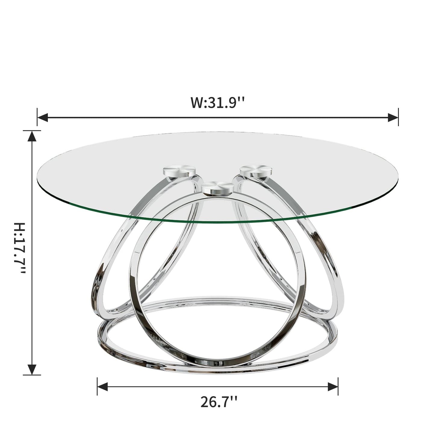 O&K FURNITURE Silver Coffee Table, Modern Glass Coffee Table Living Room Table with Ring-Shaped Frames, Glass Coffee Table for Home&Office, Chrome Finish, 1 PC