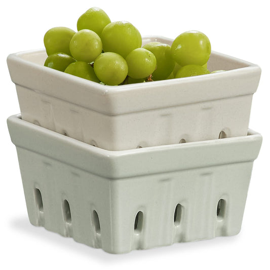 ONEMORE Ceramic Berry Basket, Square Fruit Bowls, Rustic Stoneware Berry Colander Set of 2, 5.7 inch, Gray & Light Green