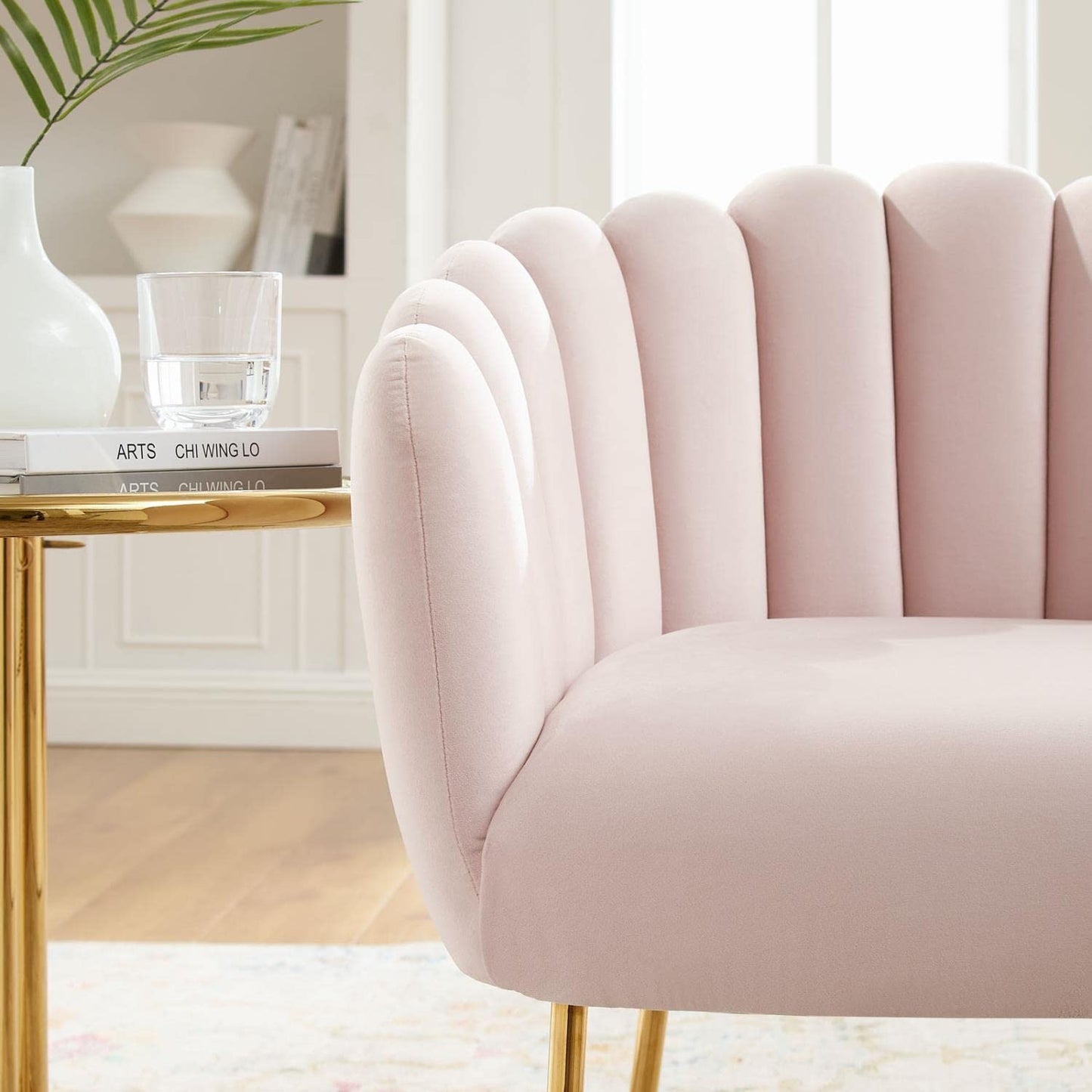 Modway Sanna Modern Channel Tufted Performance Velvet Armchair in Pink/Gold