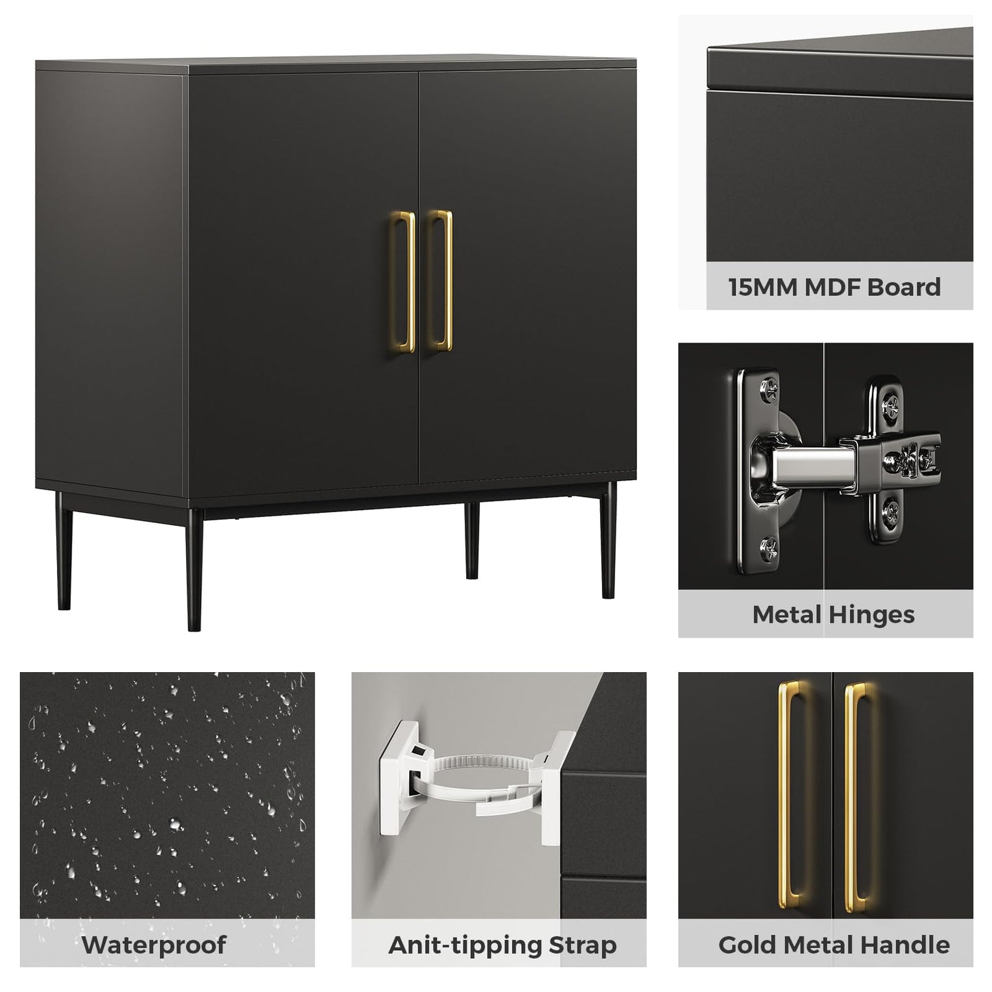 REHOOPEX Storage Cabinet with Doors, Modern Black Accent Cabinet, Free Standing Cabinet, Wooden Buffet Sideboards for Bedroom, Kitchen,Home Office