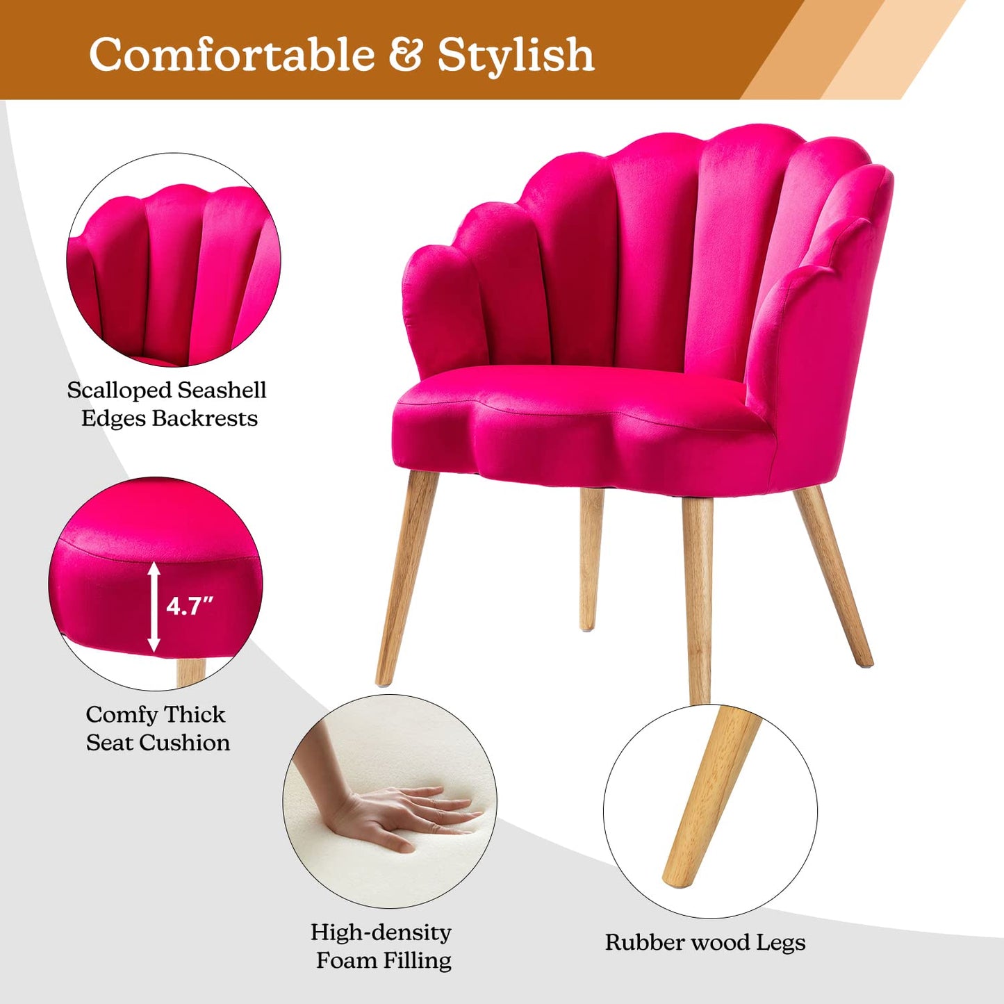 Accent Velvet Upholstered Living Room Chairs with Cute Scalloped Back & Golden Legs for Makeup Room/Bedroom, Modern Accent Armchair Lady's Cute Vanity Chair,Comfy Tufted Guest Chair (FUSHIA)