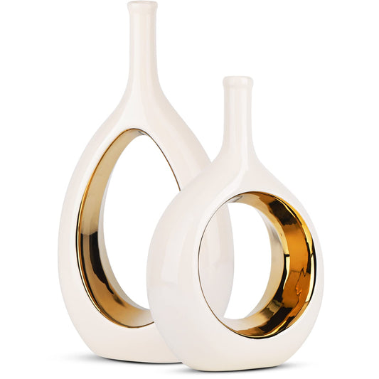 White and Gold Vase Ceramic White Vases Home Decor,Modern Minimalist Circle with Hole Decorative Vase, Hollow Ellipse Flower vases for Bookshelf, Fireplace Mantle, Centerpieces,Farmhouse,Rustic Décor