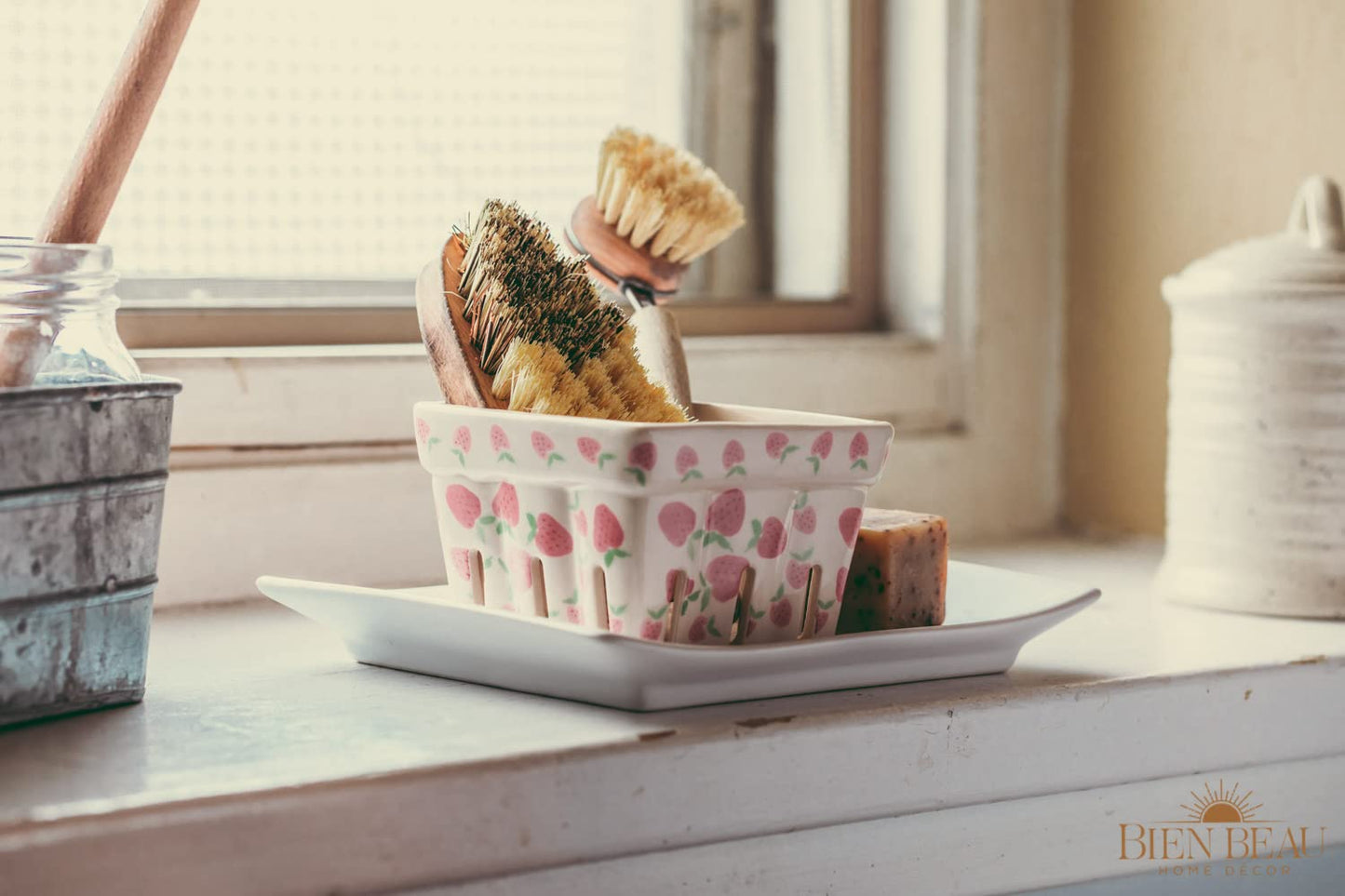 Farmhouse Ceramic Berry Basket, Colander, Strawberry Decor, Fruit Bowls/Baskets, Kawaii Kitchen bowl, Pink White and Cute Strawberry pattern Stoneware Harvest Square Bowls Set of 4