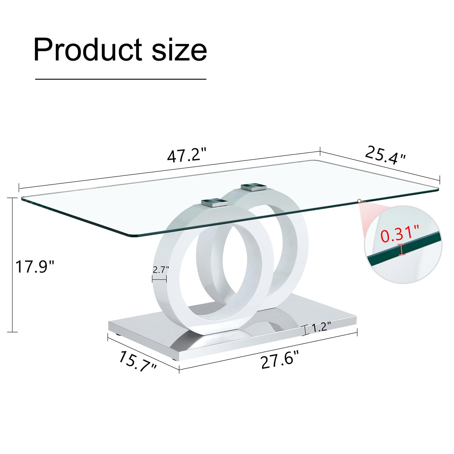 Btikita Glass Coffee Table, Modern Tempered Clear Coffee Tables Rectangular Center Tea Table with Wood Base for Living Room, Office (Style 1, White)