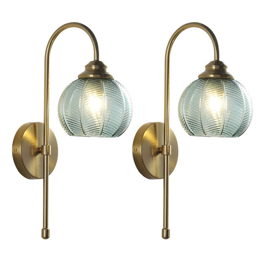 KCO Lighting Brushed Gold Wall Sconce Light Vintage Green Glass Wall Sconce Set of 2 Unique Bathroom Wall Sconces Set of Two Modern Globe Sconces Wall Lighting Stair Corner Wall Lamp