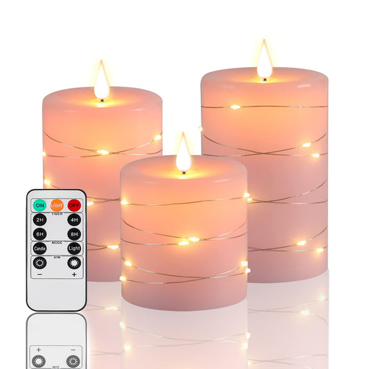 Fanzir Pink Flameless Candles with String Lights Battery Operated Flickering LED Pillar Candles 4‘’ 5‘’ 6‘’ Candle with Remote Control, Set of 3