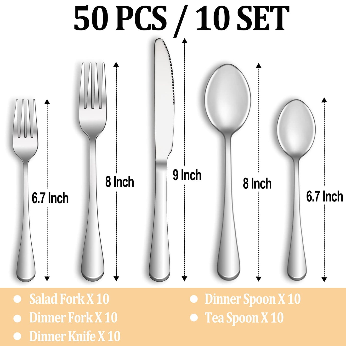 50 Piece Silverware Set Service for 10,Premium Stainless Steel Flatware Set,Mirror Polished Cutlery Utensil Set,Durable Home Kitchen Eating Tableware Set,Include Fork Knife Spoon Set,Dishwasher Safe