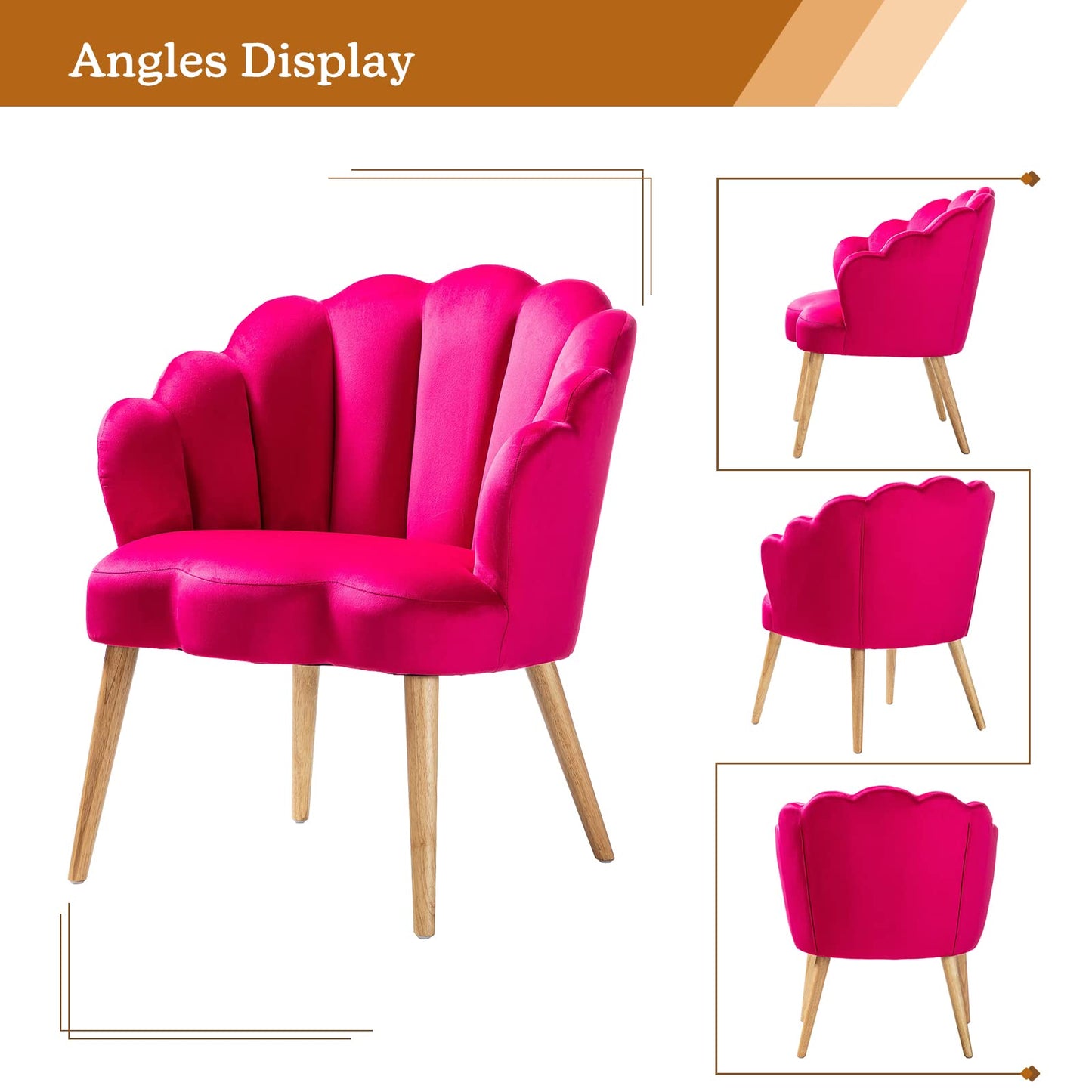 Accent Velvet Upholstered Living Room Chairs with Cute Scalloped Back & Golden Legs for Makeup Room/Bedroom, Modern Accent Armchair Lady's Cute Vanity Chair,Comfy Tufted Guest Chair (FUSHIA)