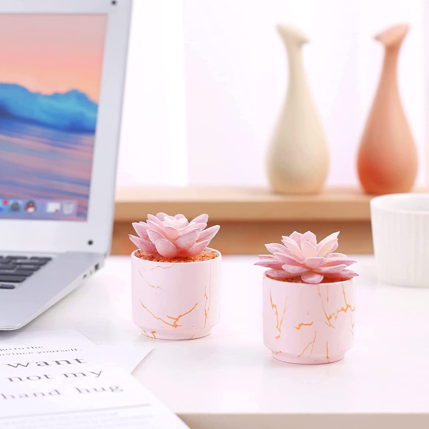 ZENIDA Succulent Artificial Plants,Cute Fake Succulents in 2 Pink Ceramic Pots,Small Fake Plants for Office,Table,Desk,Bathroom, Bedroom,Aesthetic Room Shelves Decor,Desk Decorations for Women Office