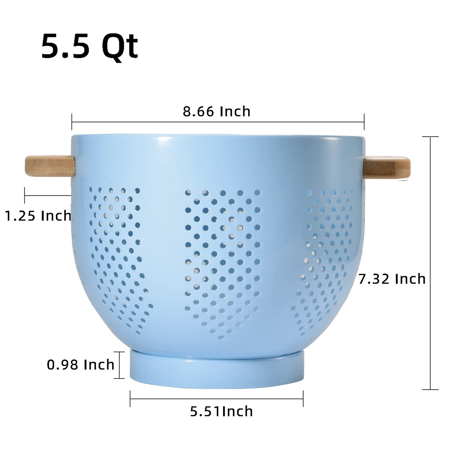 Metal Colander with Wood Handle and Stable Base, Powder Coated Steel Kitchen Strainer Basket for Draining Pasta, Vegetable and fruit(5.5quart,Blue)