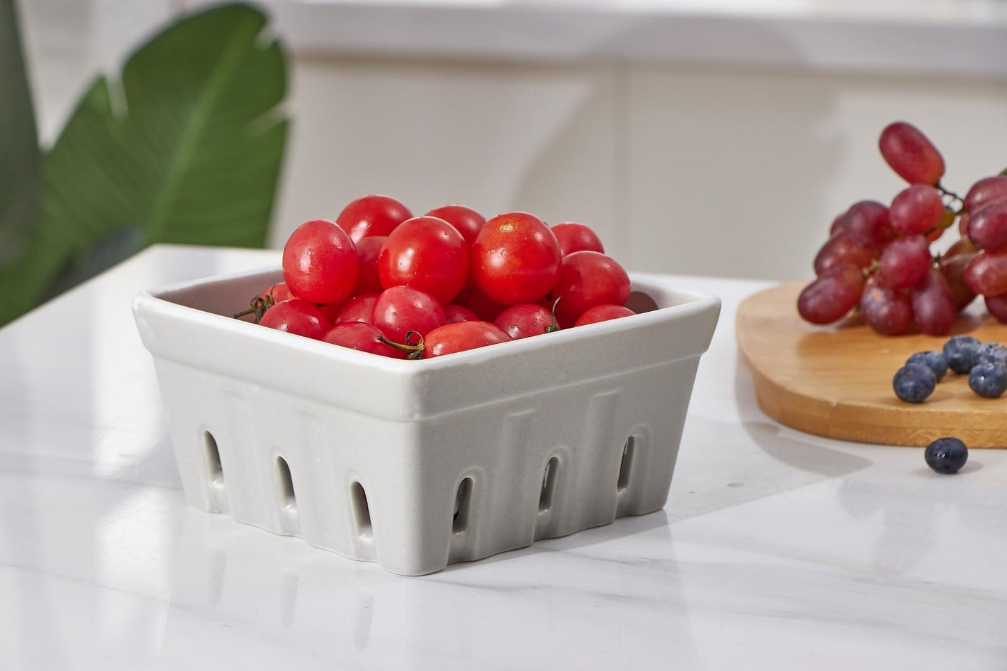 ONEMORE Ceramic Berry Basket, Square Fruit Bowls, Rustic Stoneware Berry Colander Set of 2, 5.7 inch, Gray & Light Green