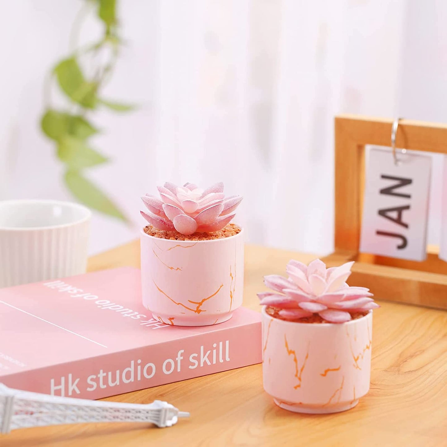 ZENIDA Succulent Artificial Plants,Cute Fake Succulents in 2 Pink Ceramic Pots,Small Fake Plants for Office,Table,Desk,Bathroom, Bedroom,Aesthetic Room Shelves Decor,Desk Decorations for Women Office