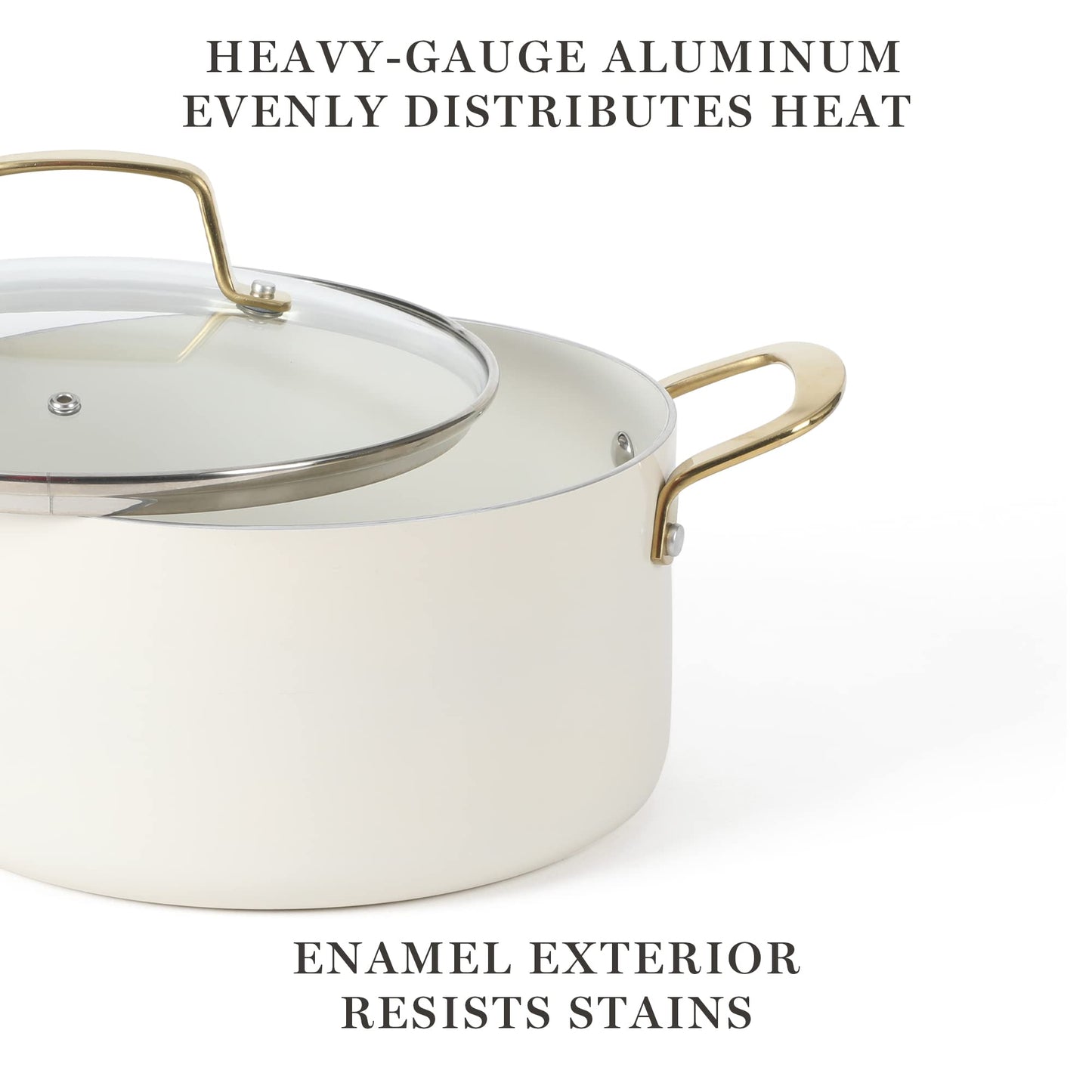 Martha Stewart Lockton Premium Nonstick PFA Free Ceramic Interior 10 Piece Heavy Gauge Enamel Aluminum Pots and Pans Cookware Set - Linen White w/Gold Handle