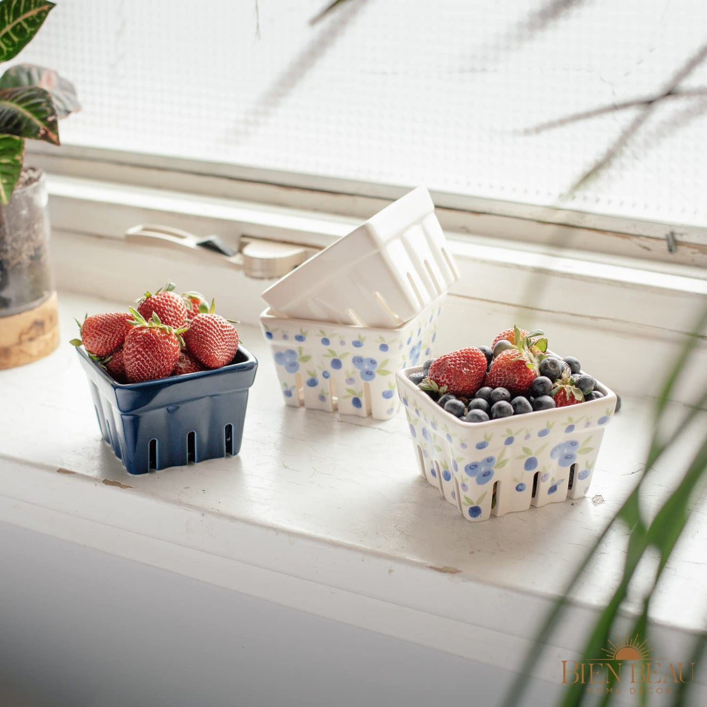 Farmhouse Ceramic Berry Basket, Colander, Farmers Market square Bowl. Rustic Kitchen decor fruit bowls, Fruit Baskets, Bleu White and Blueberry pattern Stoneware Harvest Bowls Set of 4 …