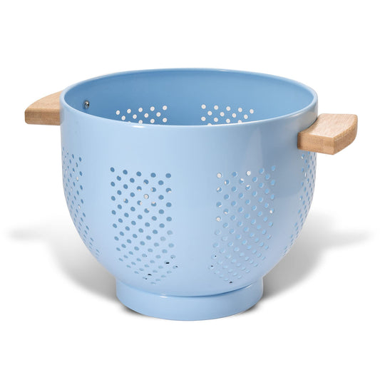 Metal Colander with Wood Handle and Stable Base, Powder Coated Steel Kitchen Strainer Basket for Draining Pasta, Vegetable and fruit(5.5quart,Blue)