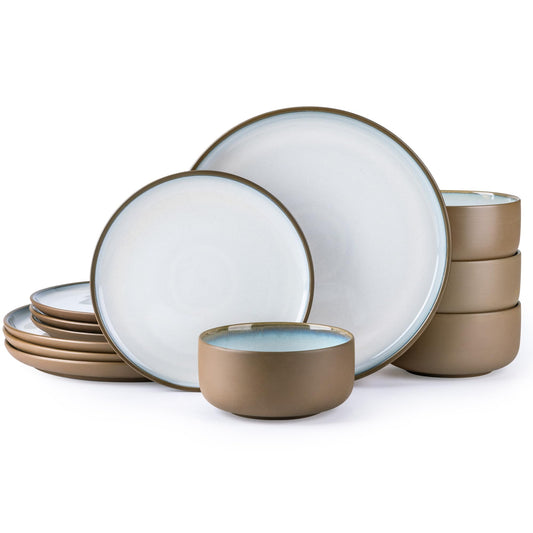 GBHOME Plates and Bowls Sets for 4, 12 Pieces Handpainted Plates and Bowls Set with Rustic Terracotta Outer Surface, Scratch Resistant Stoneware Dishes Set, Microwave, Oven, and Dishwasher Safe