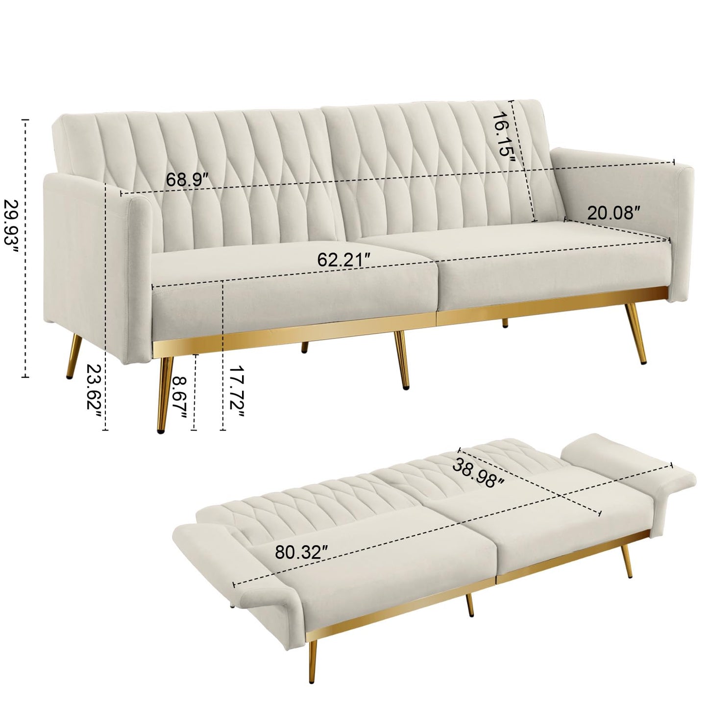 TTGIEET Futon Sofa Bed, Convertible Futon Sofa with Adjustable Armrest and Golden Metal Legs, Mid Century Modern Tufted Loveseat Couch Sleeper for Living Room, Bedroom, 70 Inch Width (Sofa, Cream)