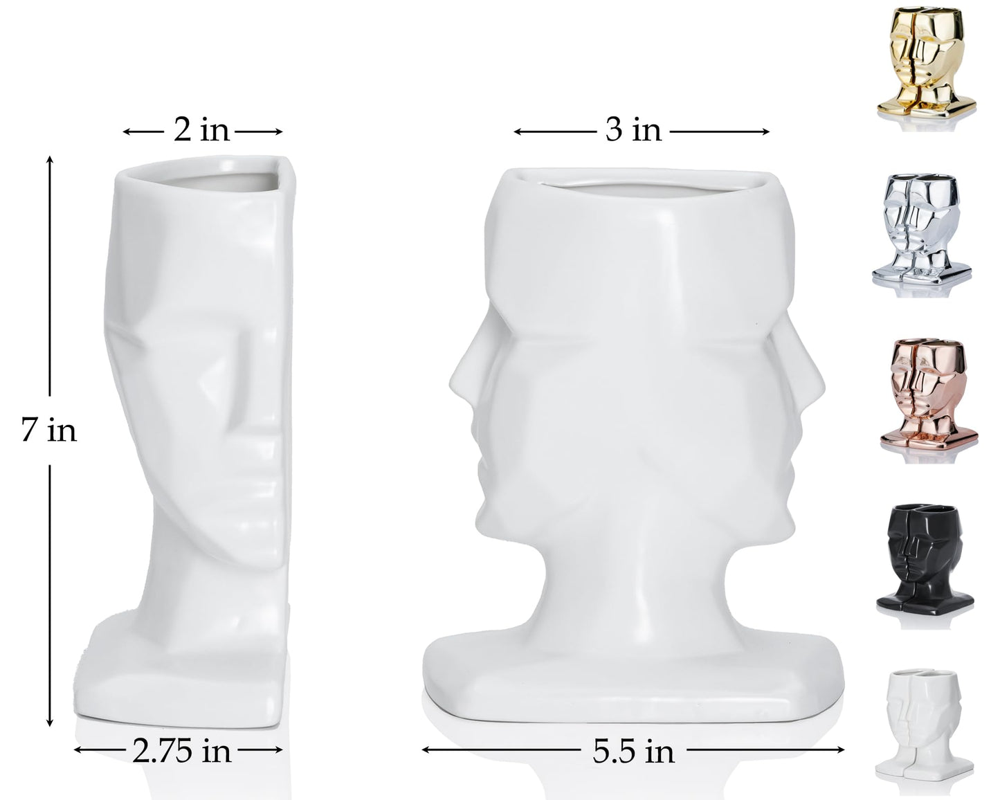 Artconal White Face Bookends Vase Set, 7 Inch Ceramic White Vase(Set of 2) Cool Decorative Bookends Objects for Bookshelf, White Accent Bookshelf Decor Items, 7×5.5×2.75, White (1 Pair/2 Pieces)