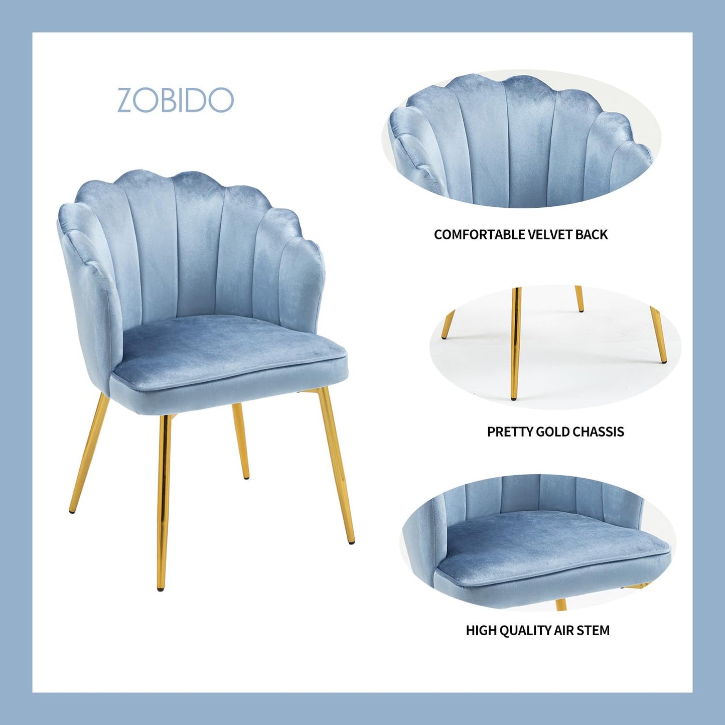 ZOBIDO Modern Velvet Chairs Comfy Upholstered Vanity Chairs for Bedroom Armchair Dining Chairs with Golden Metal Legs Petal Shape Back Desk Chair, for Women, for Girls (Glacier Blue)