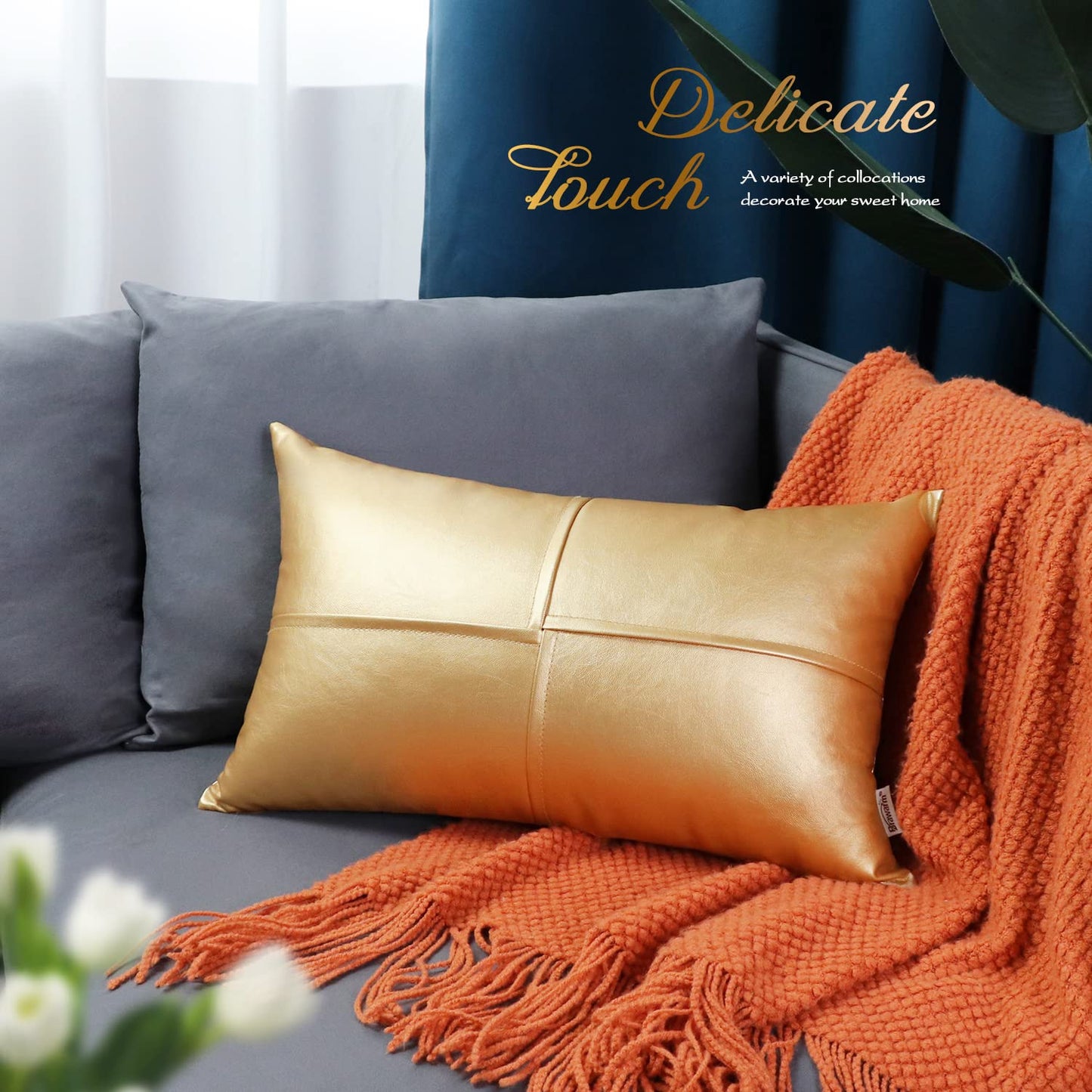 BRAWARM Faux Leather Throw Pillow Covers 12 X 20 Inches, Gold Leather Lumbar Pillow Covers Pack of 2, Hand Stitched Leather Decorative Throw Pillows for Couch Sofa Bed Living Room Home Garden