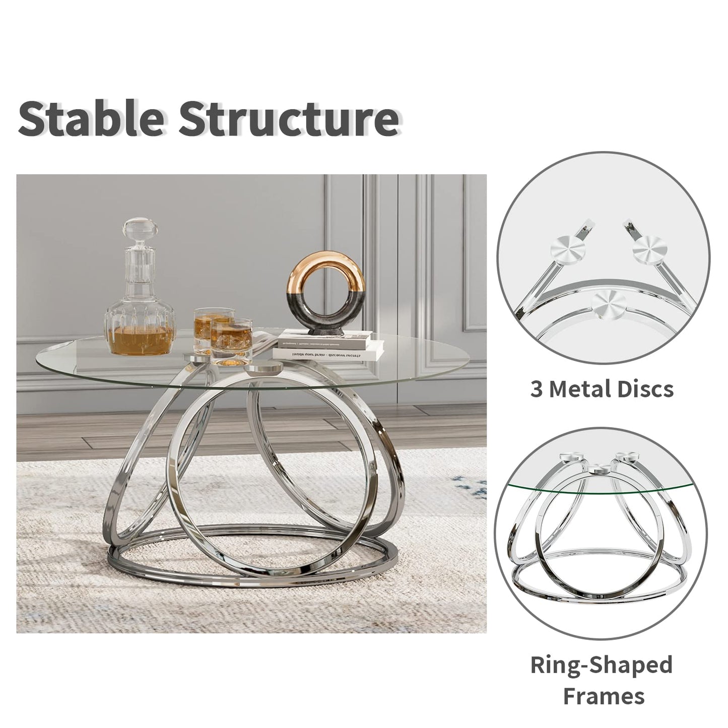 O&K FURNITURE Silver Coffee Table, Modern Glass Coffee Table Living Room Table with Ring-Shaped Frames, Glass Coffee Table for Home&Office, Chrome Finish, 1 PC