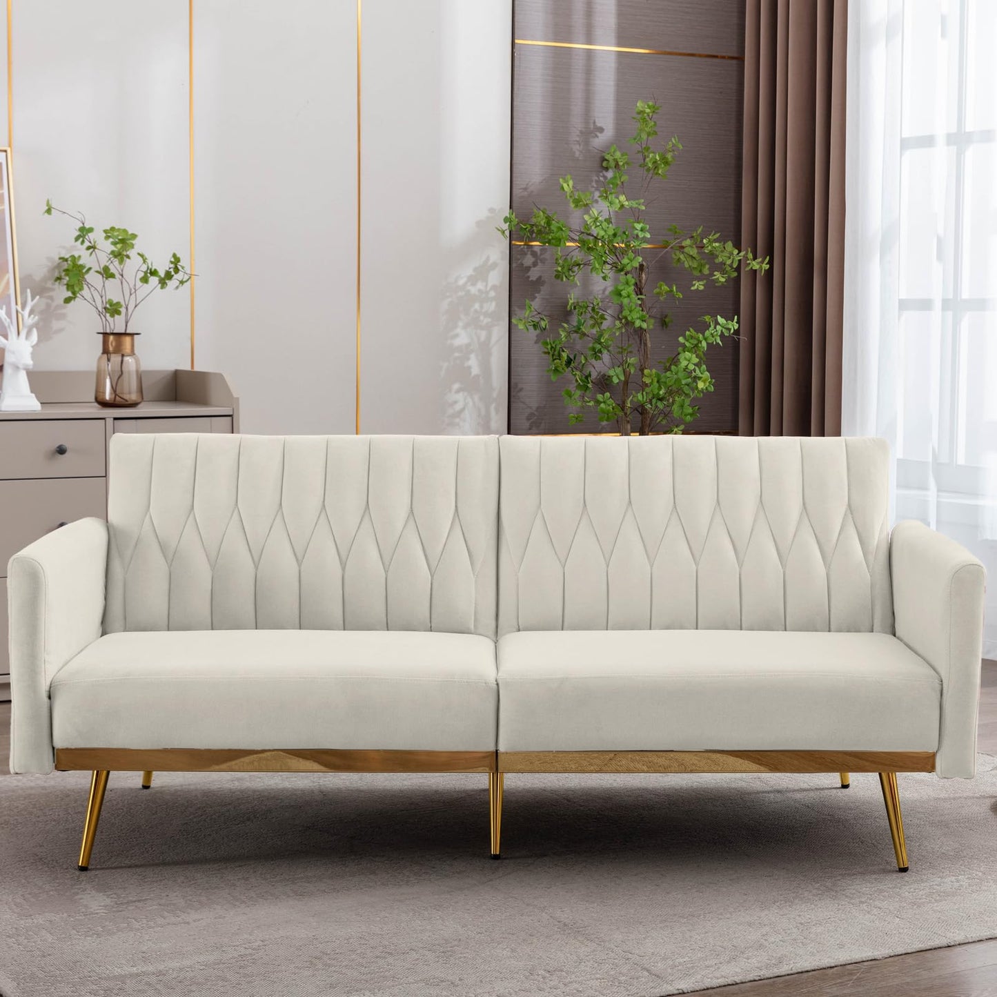 TTGIEET Futon Sofa Bed, Convertible Futon Sofa with Adjustable Armrest and Golden Metal Legs, Mid Century Modern Tufted Loveseat Couch Sleeper for Living Room, Bedroom, 70 Inch Width (Sofa, Cream)