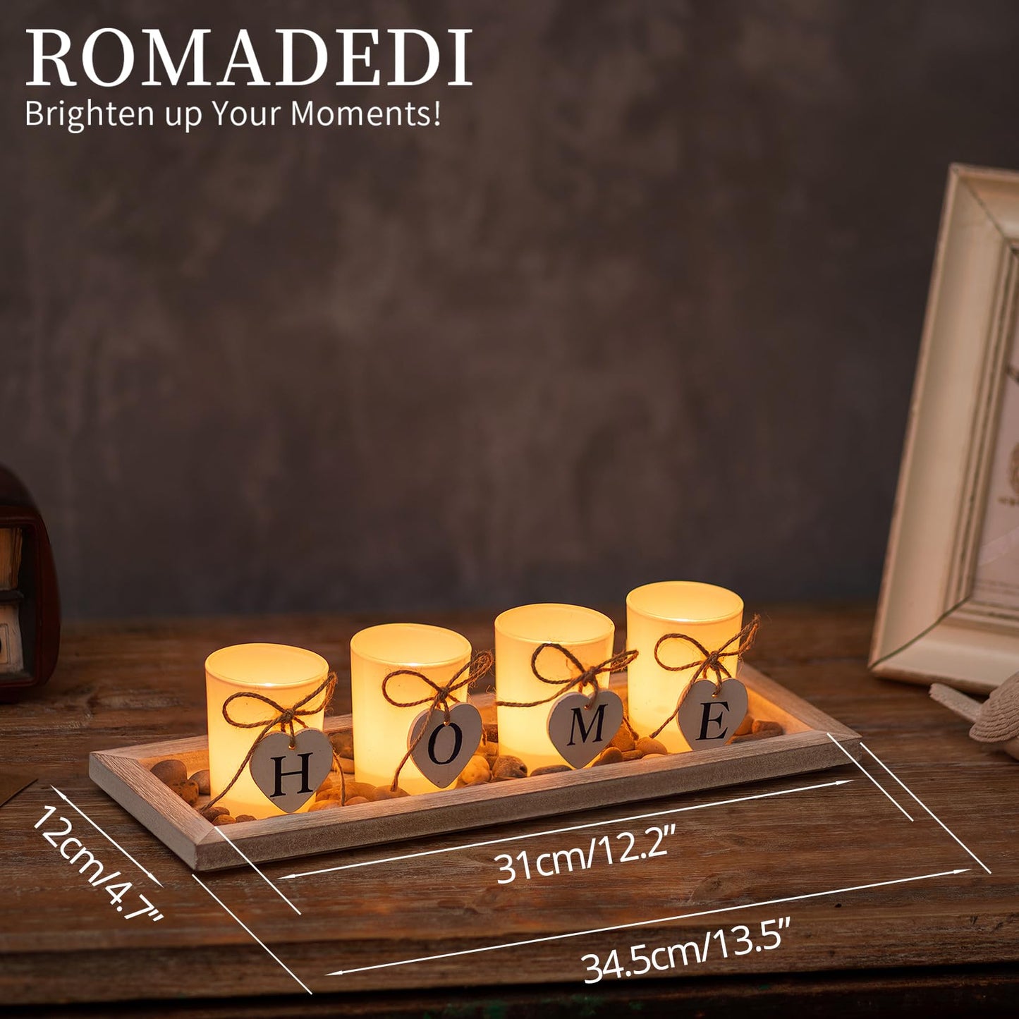 Romadedi Farmhouse Centerpiece Candle Holder Decor - Rustic Wooden Tray with 4 Glass Tealight Candles Holders for Coffee Table Home Decorations Living Room Fireplace Kitchen Housewarming Gifts