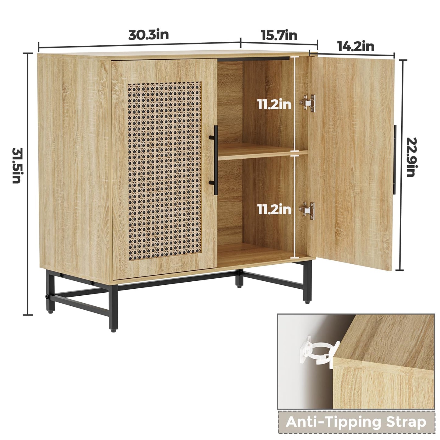 Vrullu Natural Rattan Storage Cabinet, Free Standing Buffet Cabinet, Morden Sideboard and Buffet Storage, Wood Accent Cabinet for Living Room, Hallway, Entryway, Bedroom (1, Rattan)