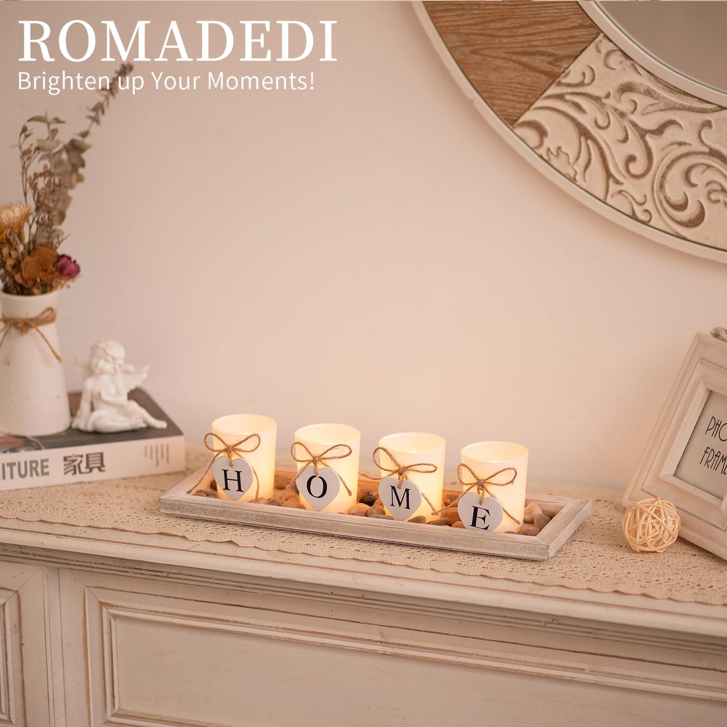 Romadedi Farmhouse Centerpiece Candle Holder Decor - Rustic Wooden Tray with 4 Glass Tealight Candles Holders for Coffee Table Home Decorations Living Room Fireplace Kitchen Housewarming Gifts