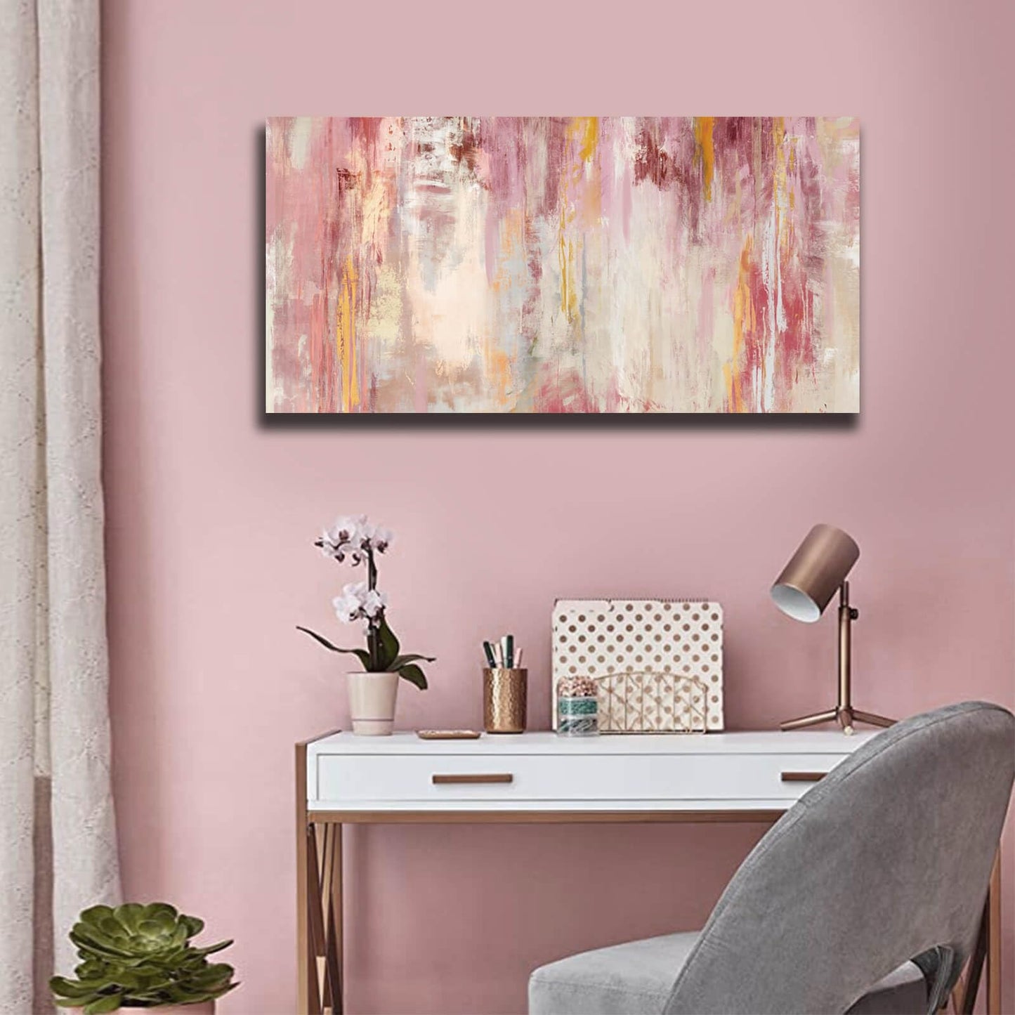 Kureful Abstract Wall Art Large Wall Decor Pink Artwork 20"x 40" Pictures Gold Paintings for Bedroom Living Room Office Canvas Prints