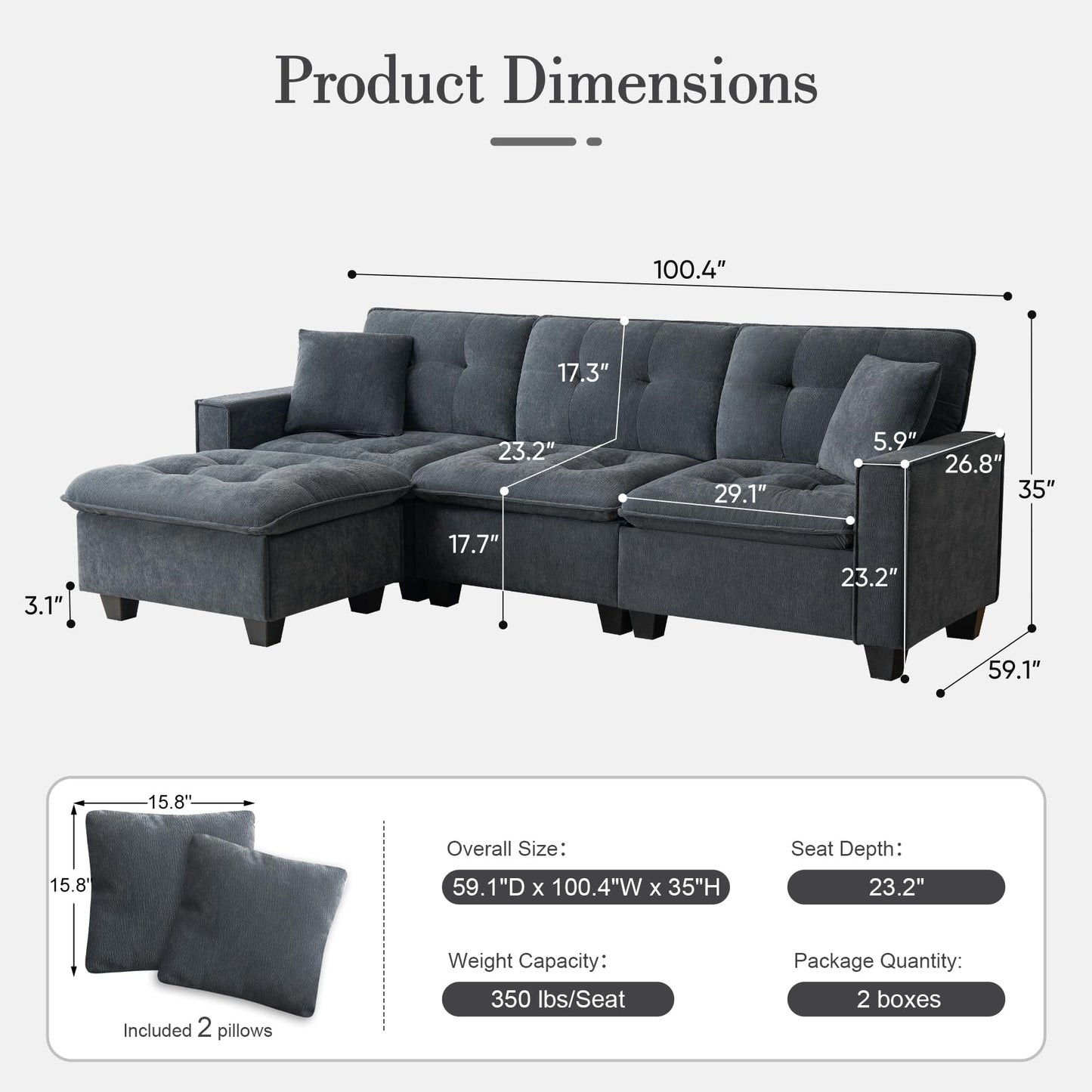 ELUCHANG L Shaped Sectional Sofa Couch, 100.4" Oversized Modern Convertible Sofa, Deep Seat Cloud Couch with Movable Ottoman for Living Room Chenille Dark Blue 3 Seat