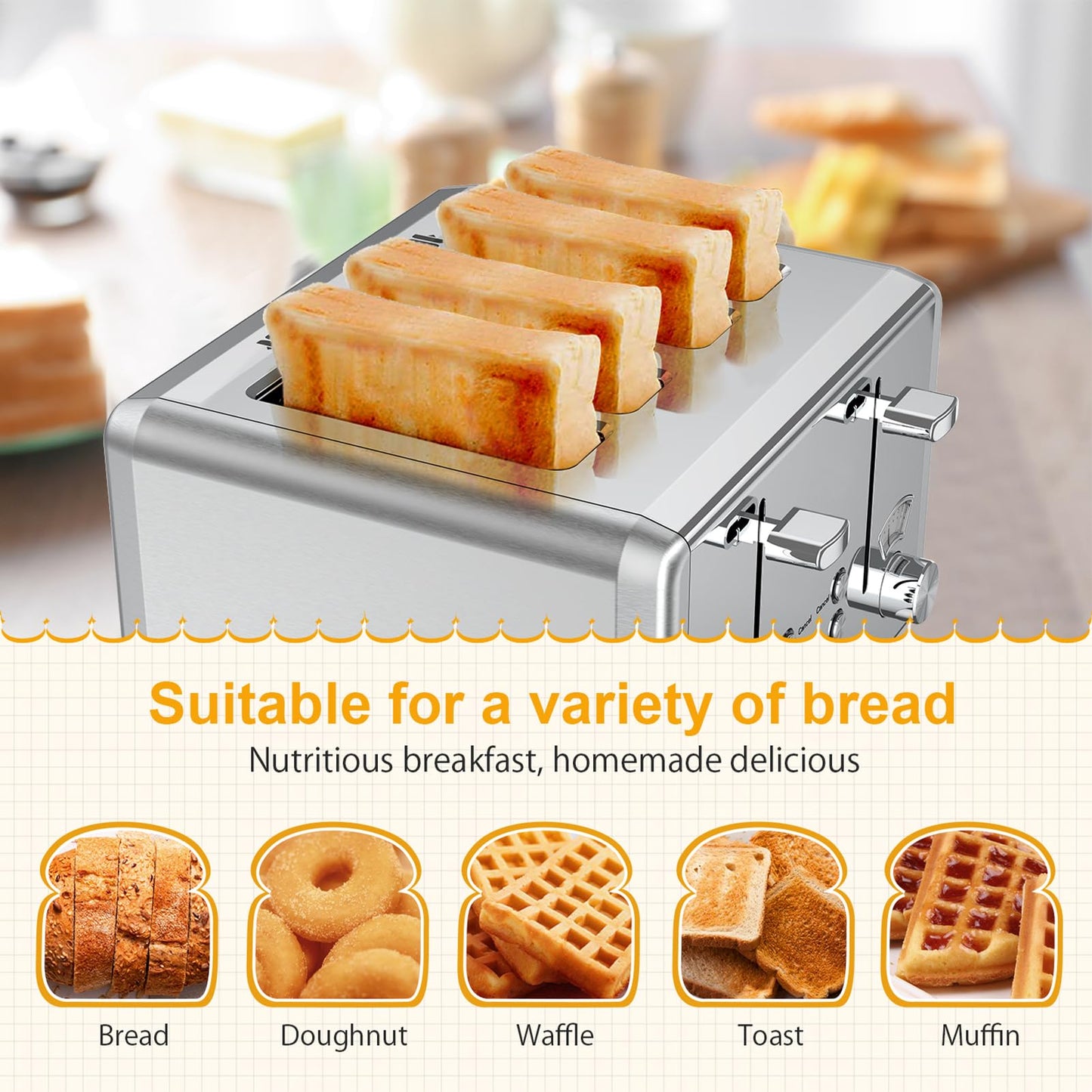 WHALL Stainless Steel Toaster, 6 Bread Shade Settings, Bagel/Defrost/Cancel Function, Extra-Wide Slot of 1.5 in Wide Slot, High Lift Lever, Removable Crumb Tray, for Various Bread Types